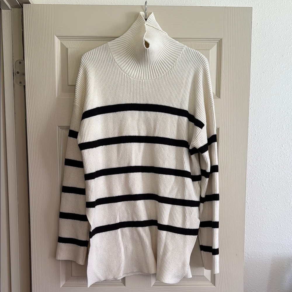 Black and White Cowl Neck Striped Sweater